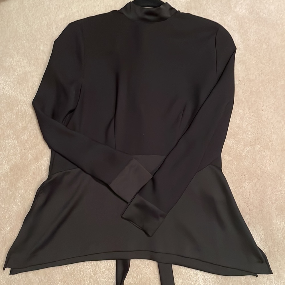 Classic neck tie long sleeve blouse with satin accents
